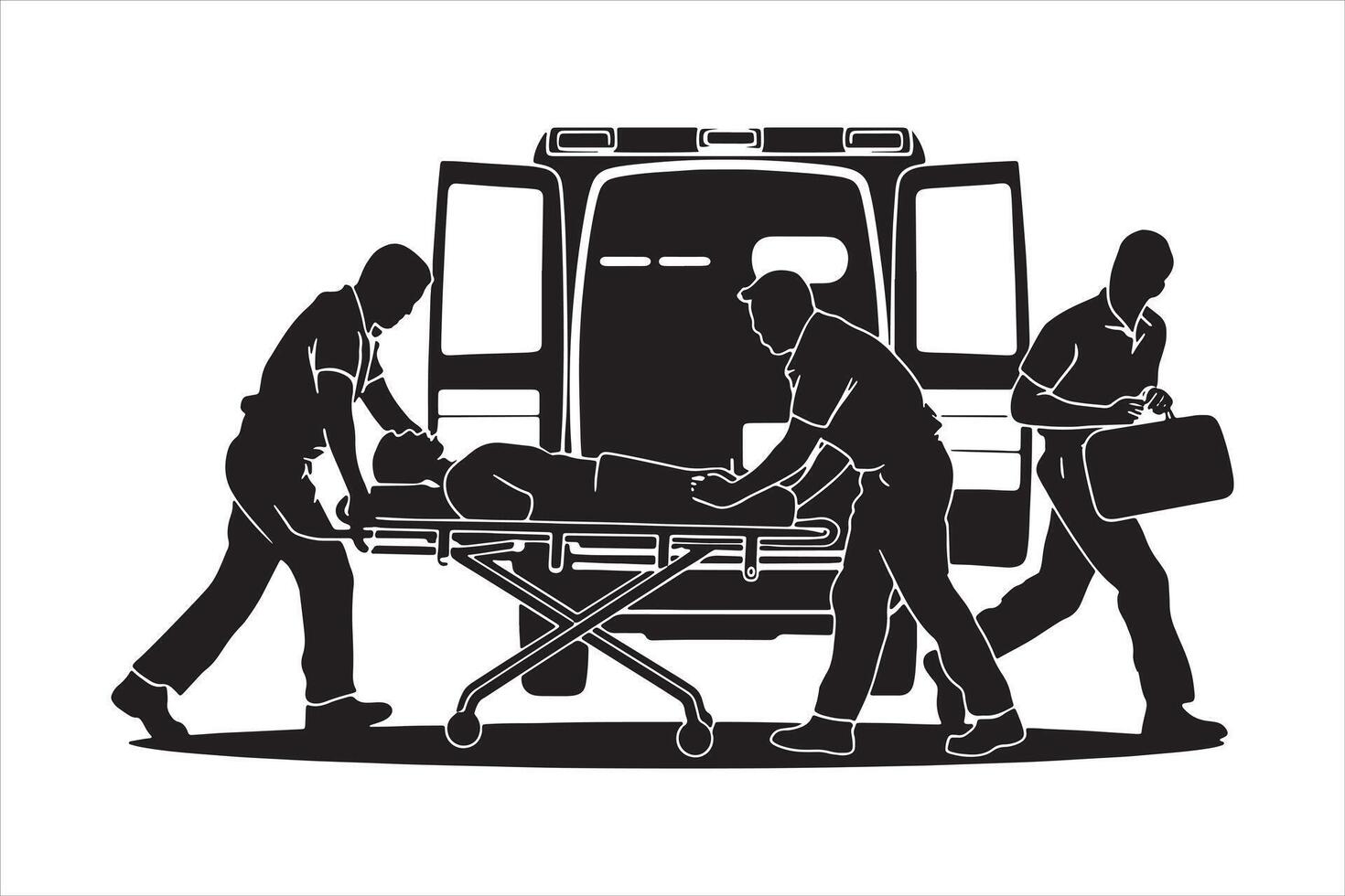 Silhouette of Emergency Scene with Paramedics and Ambulance vector