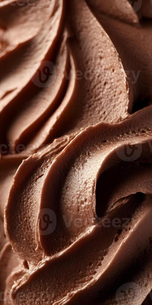 Creamy and rich chocolate frosting is expertly piped, showcasing a smooth texture and bright sheen. Perfect for decorating cakes and desserts. photo