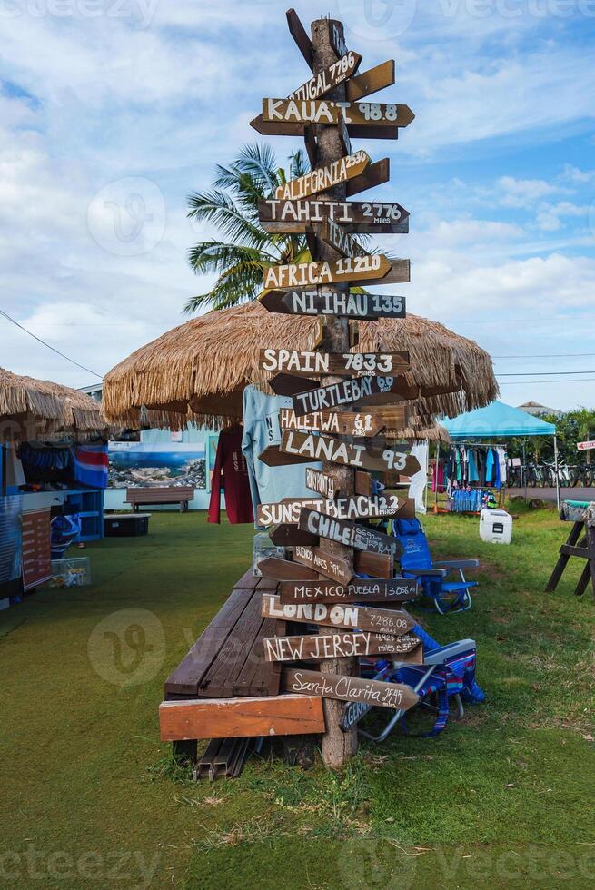 Wooden signpost with directional arrows to Kauai, Tahiti, and more, set in a tropical market with thatched stalls, palm tree, and blue sky. photo