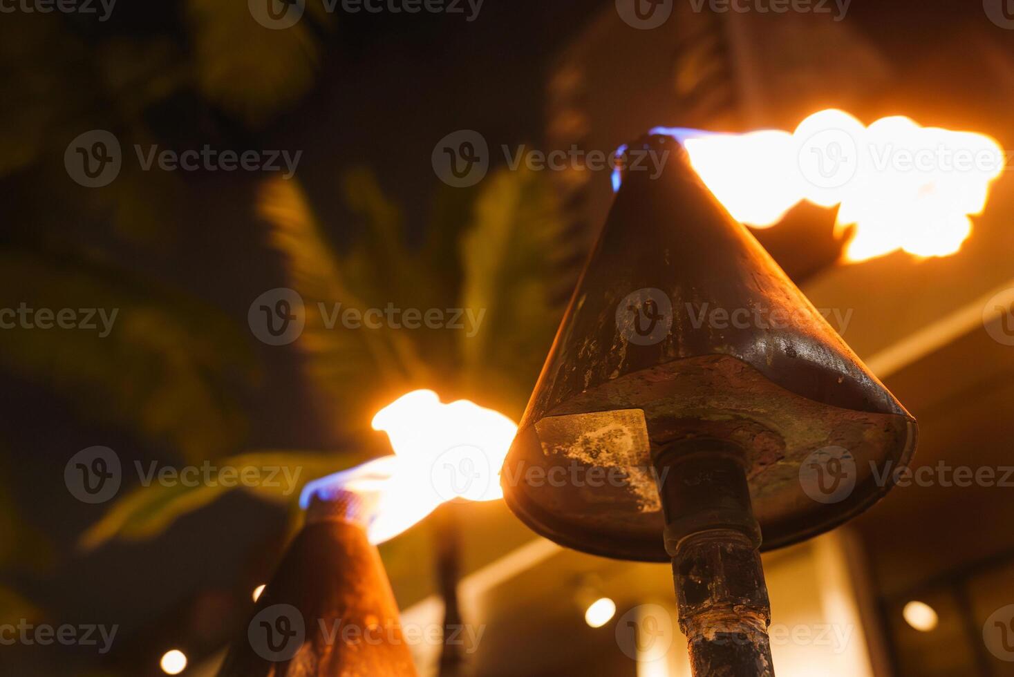 Close up of lit tiki torches with flames, set against a tropical nighttime backdrop. Palm fronds and a faint building outline are visible in the background. photo
