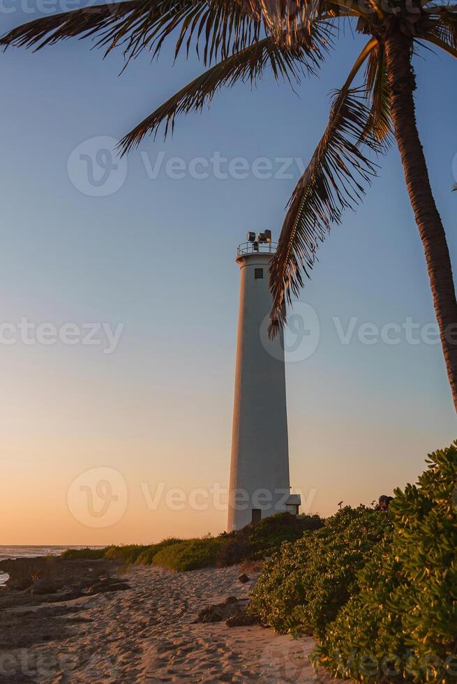 A tall white lighthouse stands near a sandy beach, surrounded by greenery and a palm tree, with the ocean partially visible under a golden sunset. photo