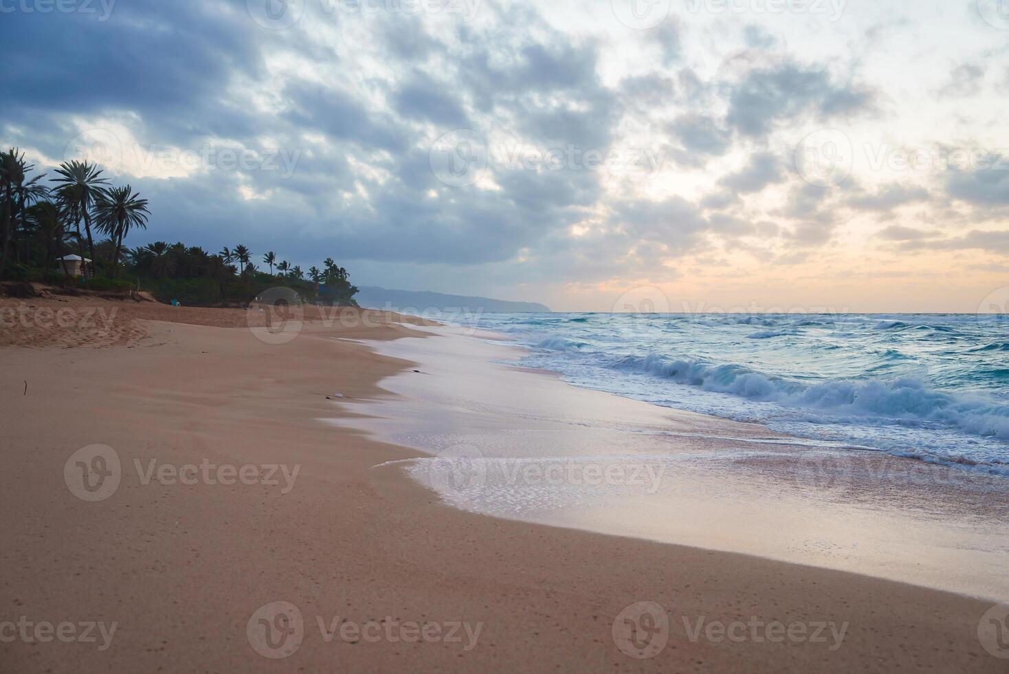 A tranquil beach scene at sunrise with golden sand, gentle waves, scattered clouds, and palm trees lining the shore, evoking Hawaii's coastal charm. photo