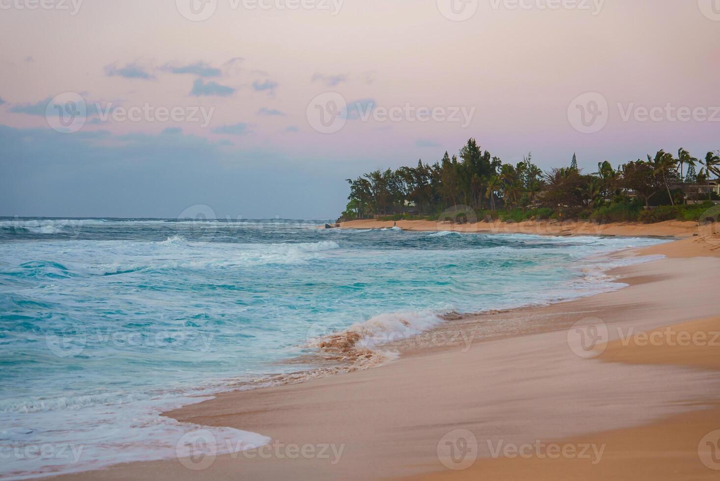 A tranquil beach scene at sunset on a Hawaiian island, featuring golden sand, turquoise to blue ocean hues, and a backdrop of palm trees and pastel skies. photo