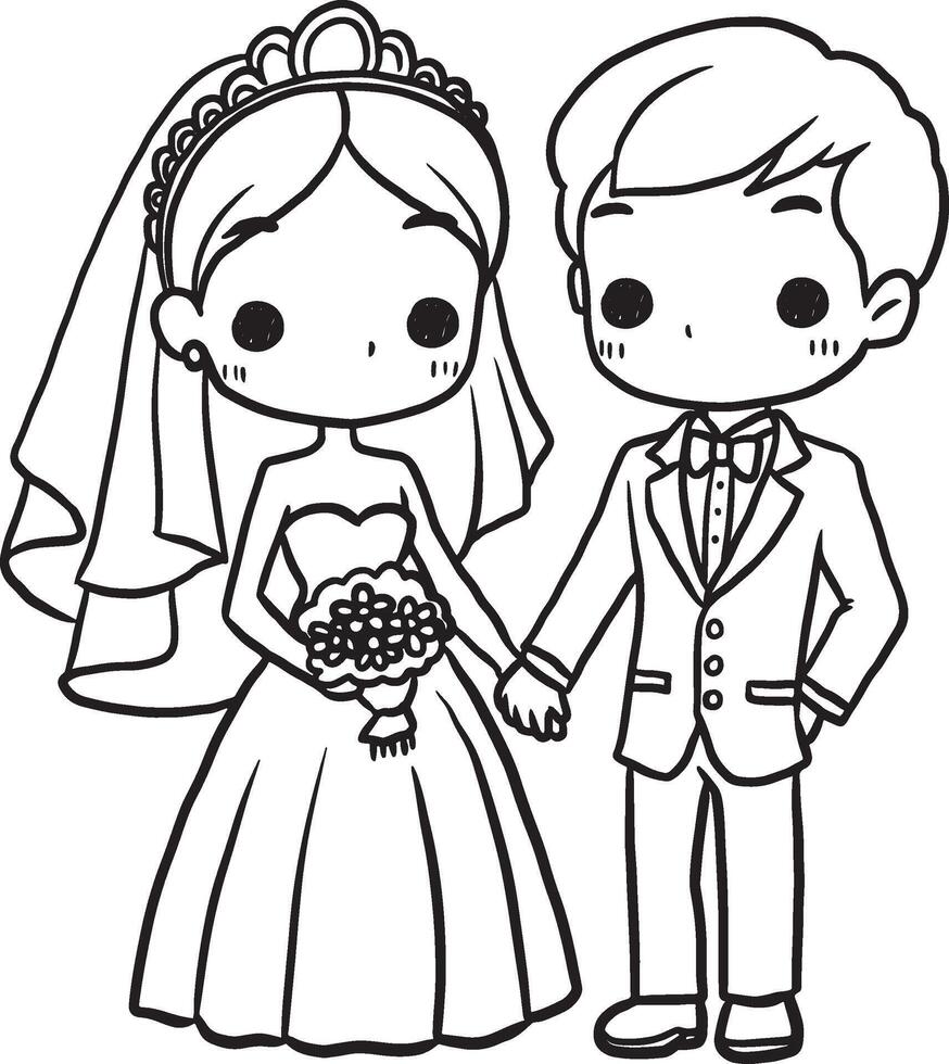 cartoon bride and groom line drawing vector