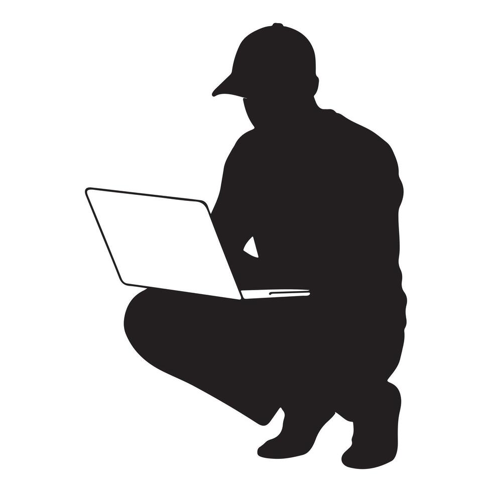 Silhouette of a person working on a laptop vector