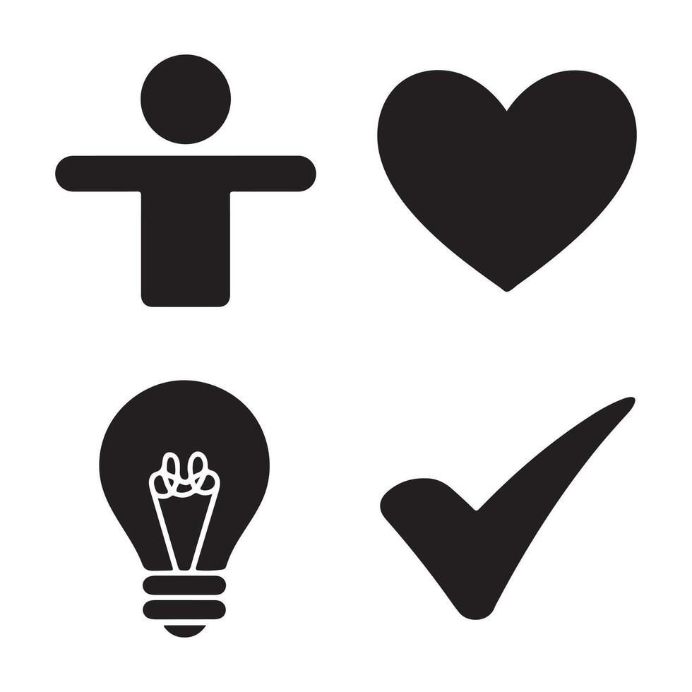 Four simple icons representing person, heart, light bulb, and check mark. vector