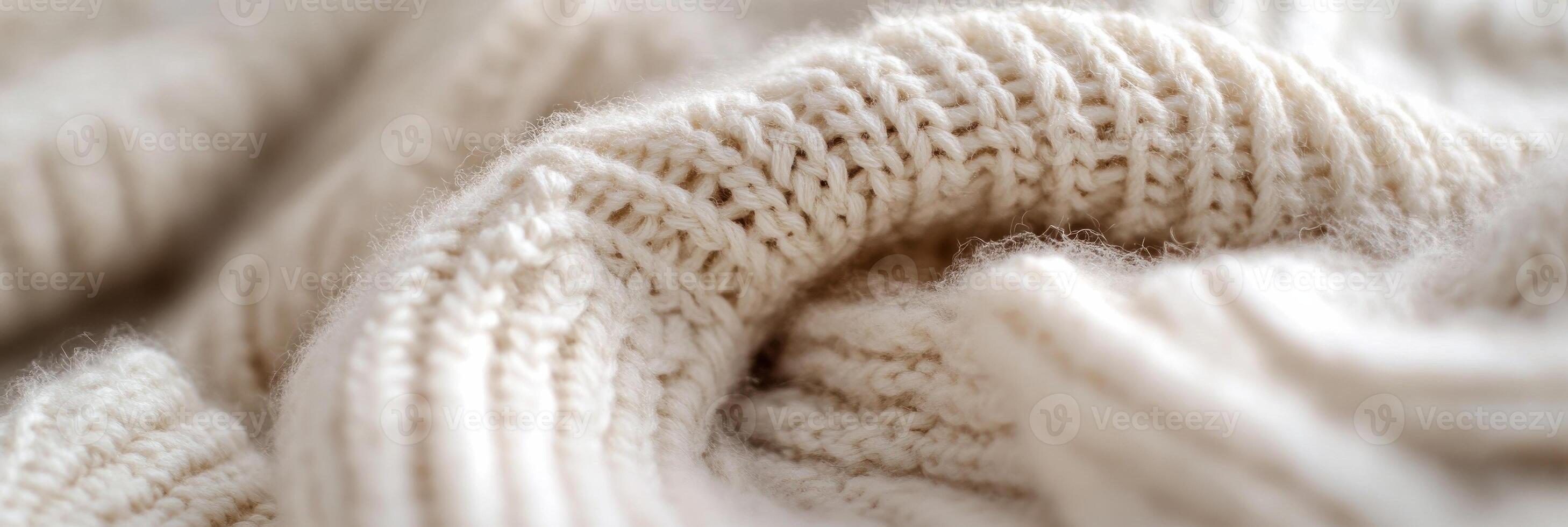 Cozy close-up of knitted woolen fabric with intricate texture pattern design photo