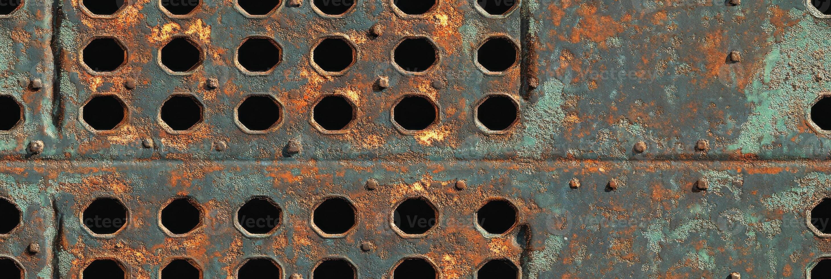 Rusty metal grate with weathered hexagonal pattern and corrosion effects photo