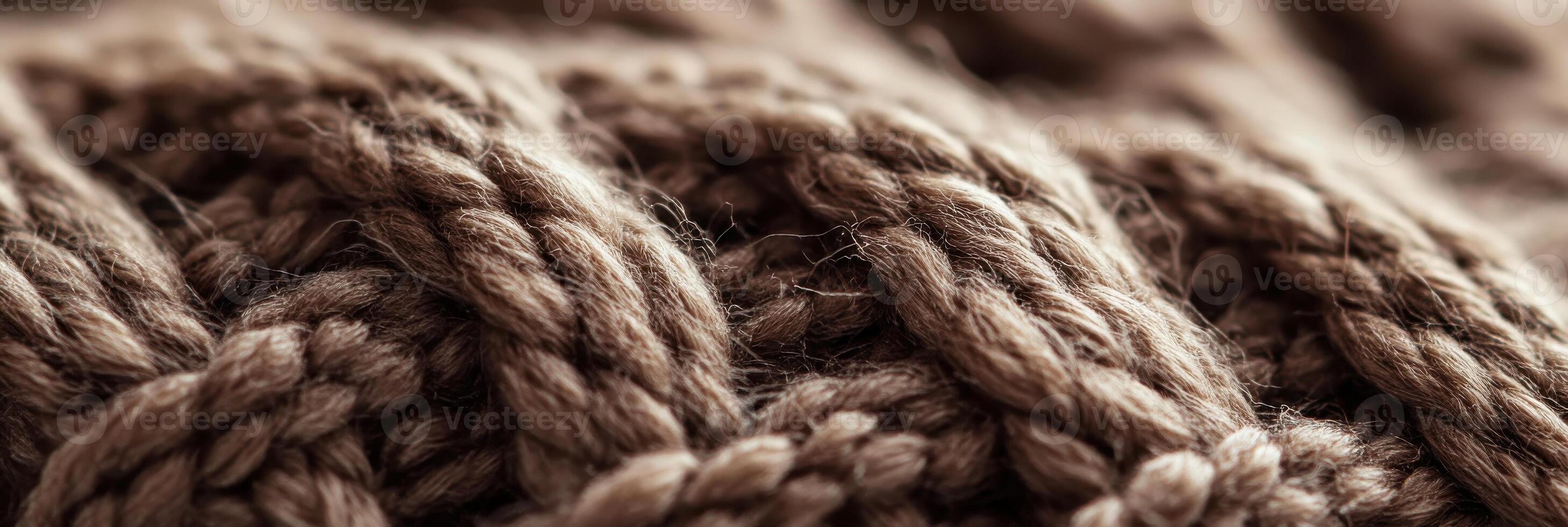 Close-up of textured brown wool yarn knitting for winter clothing and craft photo