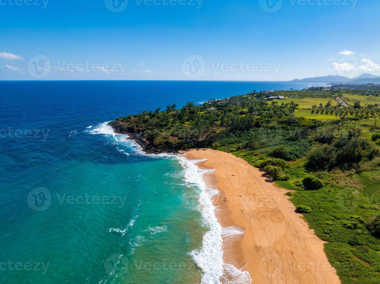 Aerial view of a curved golden sand beach on Kauai Island, Hawaii, bordered by turquoise waters, lush green vegetation, and scattered distant structures. photo