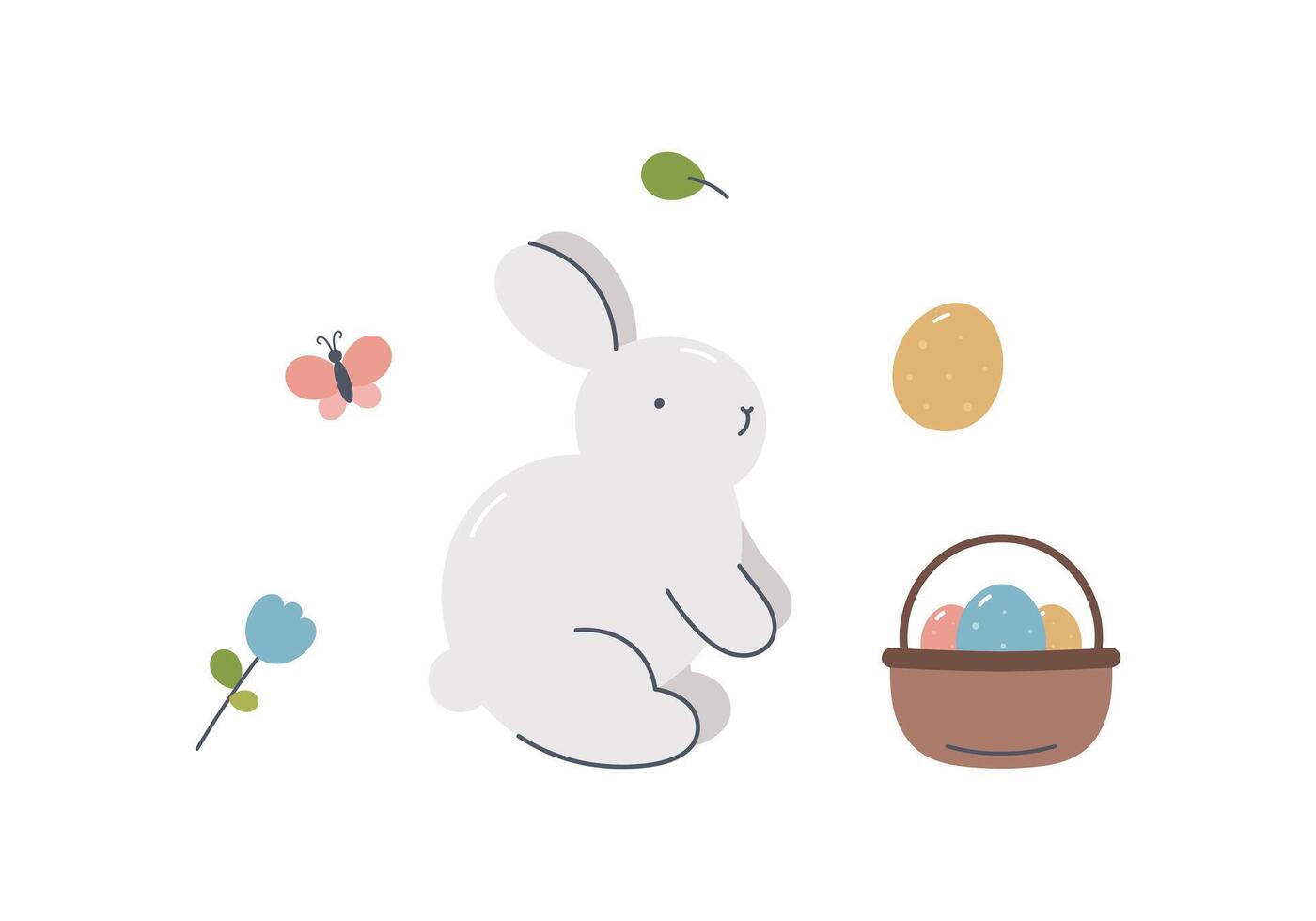 Easter spring print with cute bunny, flowers, eggs, butterfly. For fabric, wrapping, cards, textile, wallpaper, apparel. Isolated illustration in flat cartoon style on white background vector