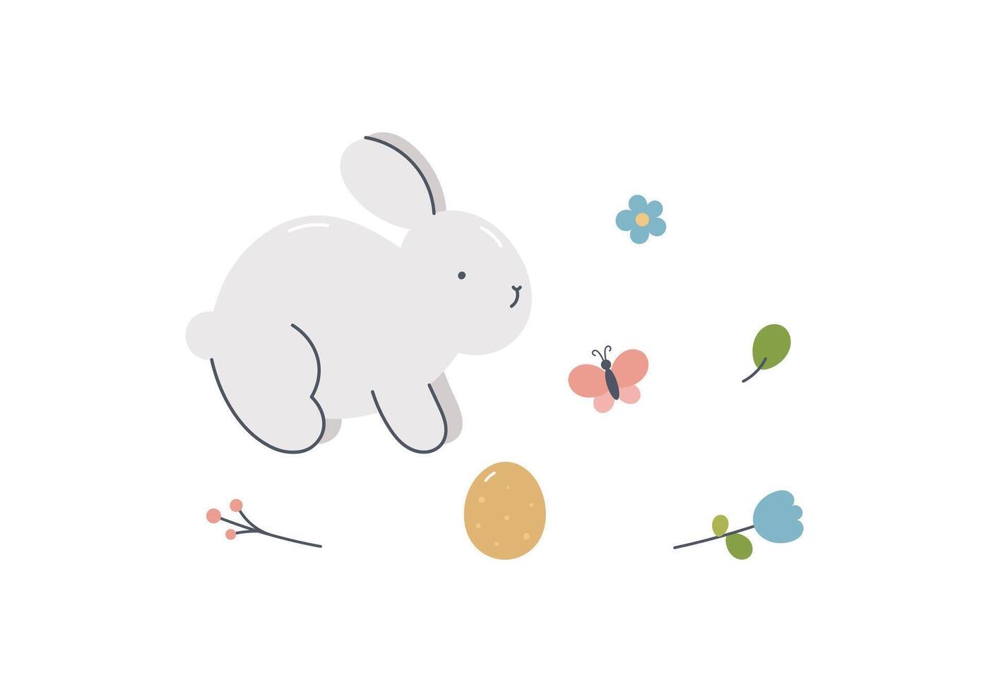 Easter spring print with cute bunny, flowers, eggs, butterfly. For fabric, wrapping, cards, textile, wallpaper, apparel. Isolated illustration in flat cartoon style on white background. vector
