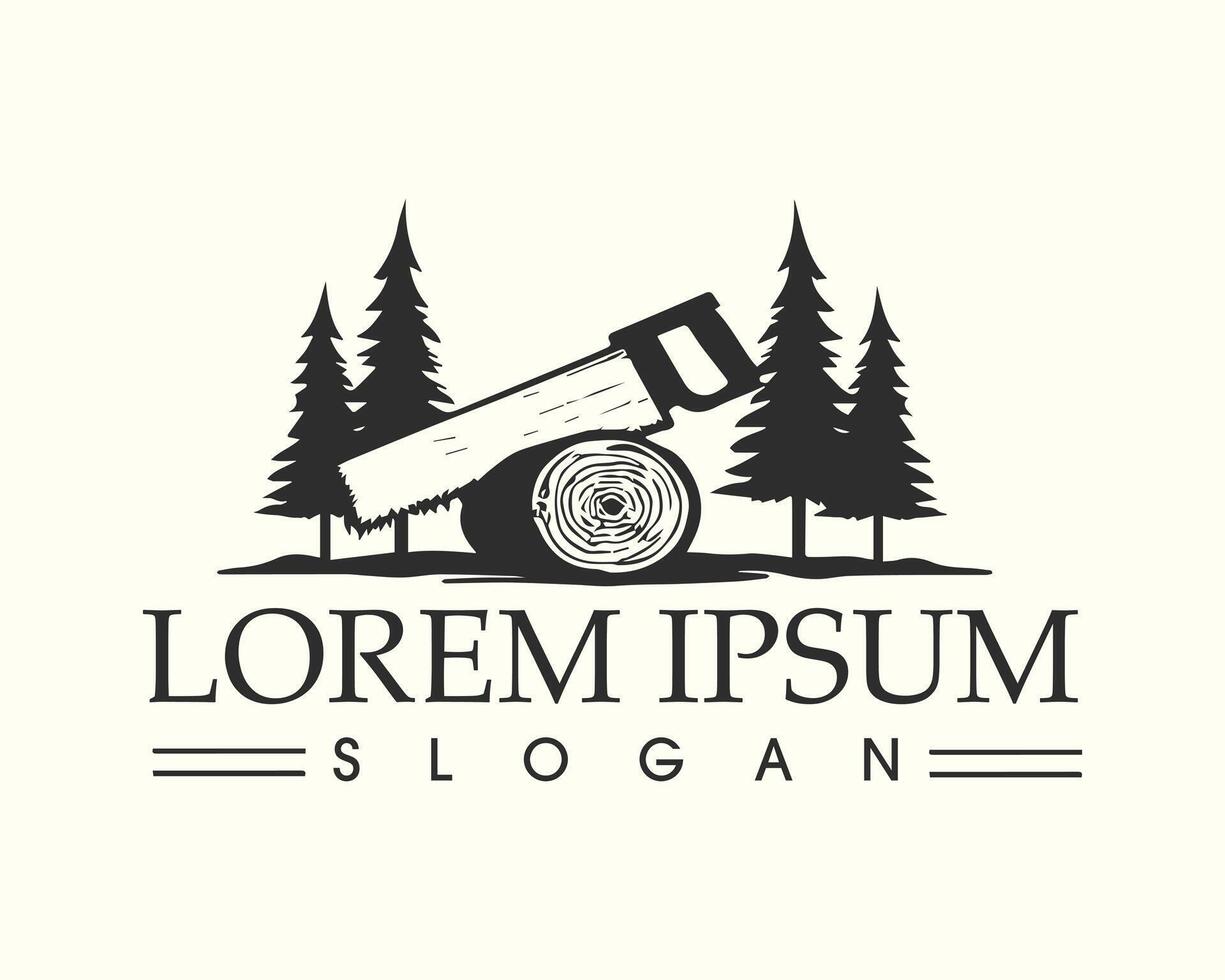 Lumberjack Logo with Saw and Log in a Forest vector