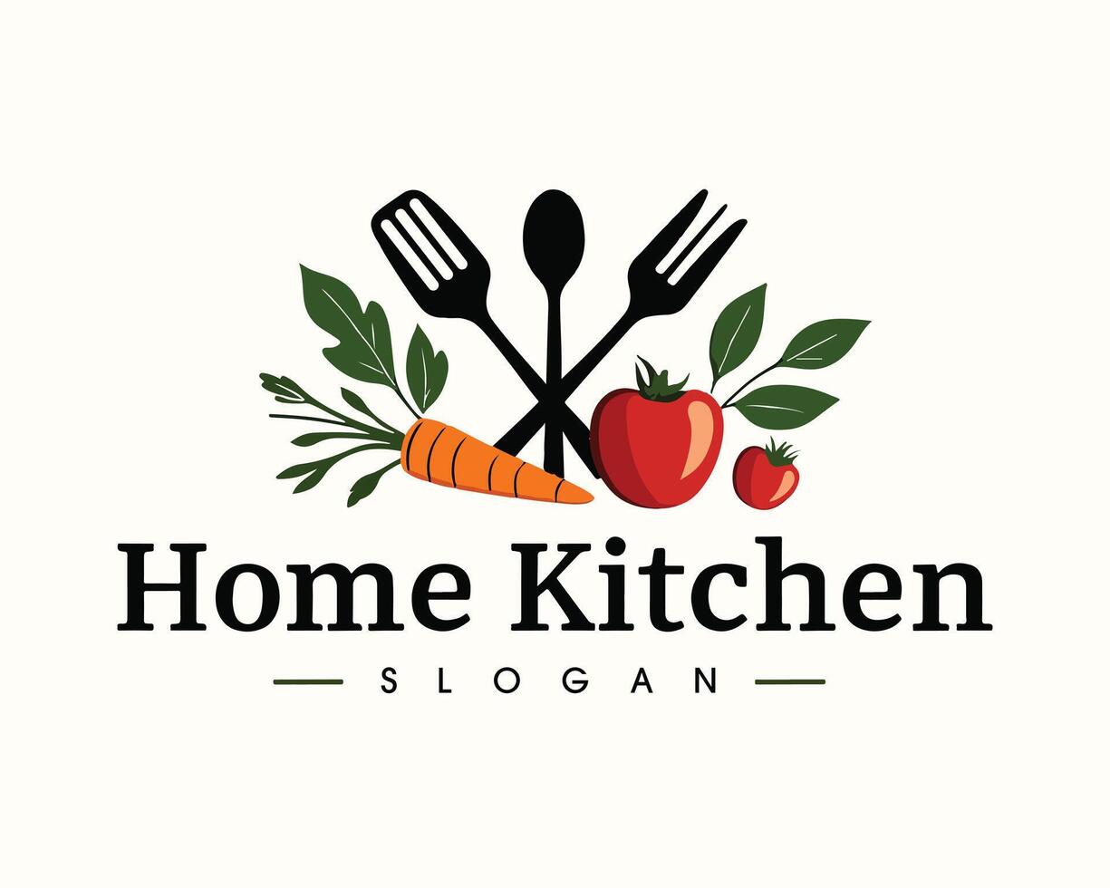 Home Kitchen Logo with Forks, Vegetables, and Herbs vector