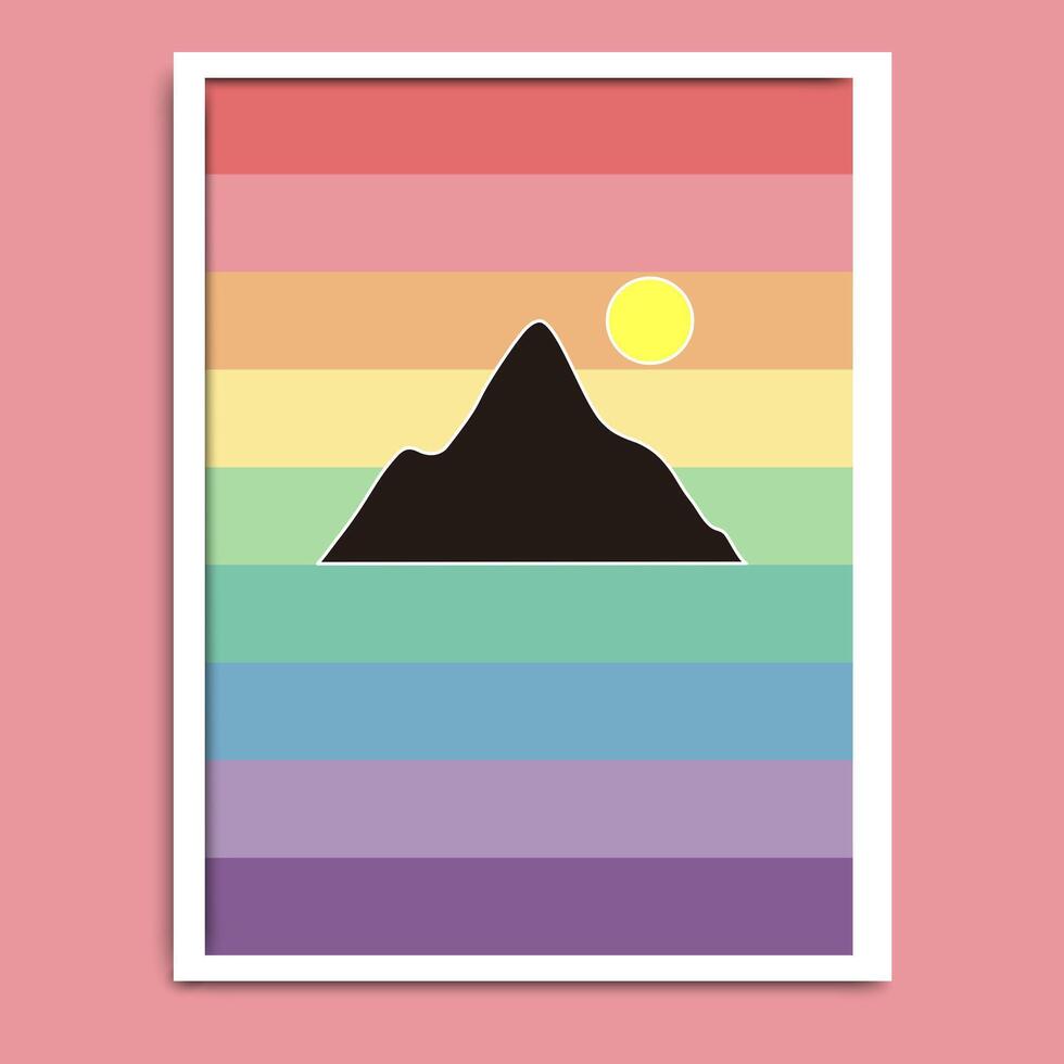 Retro sunset banner. 80s style retrowave striped frame with mountains and sun. illustration vector