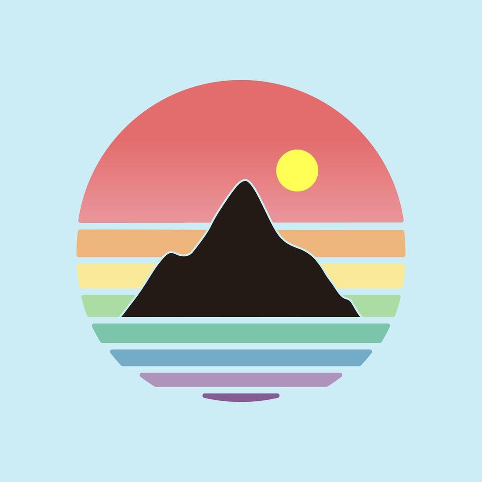 Retro sunset for banner or print. 80s style retrowave striped circles with mountains and sun. illustration vector