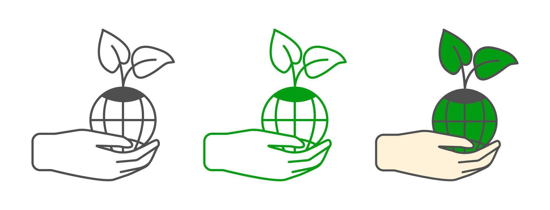The icon is a plant, a sprout in the form of an icon in the hand on the globe. A collection of contours. Illustration of the symbol, logo of ecology, agriculture. A set of icons in different styles. vector