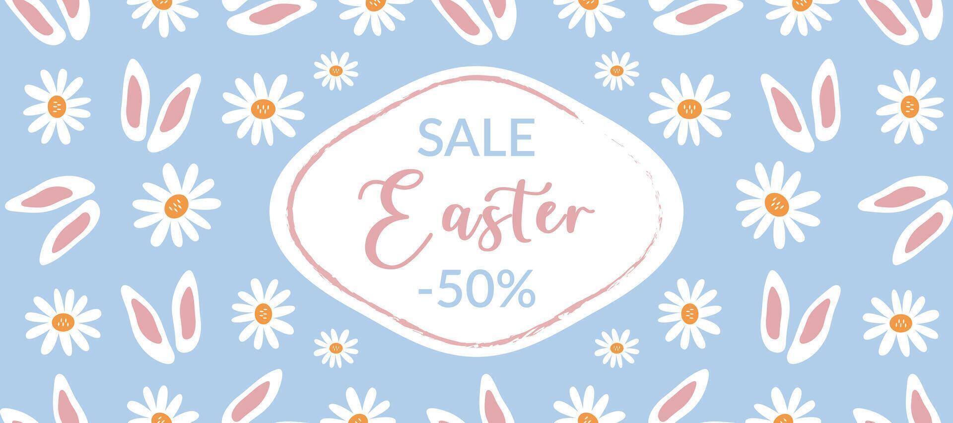 A banner for celebrating Easter. Horizontal design with daisies and rabbit ears. A template for an Easter card, a flyer, a holiday sale, a layout with a place for text. vector