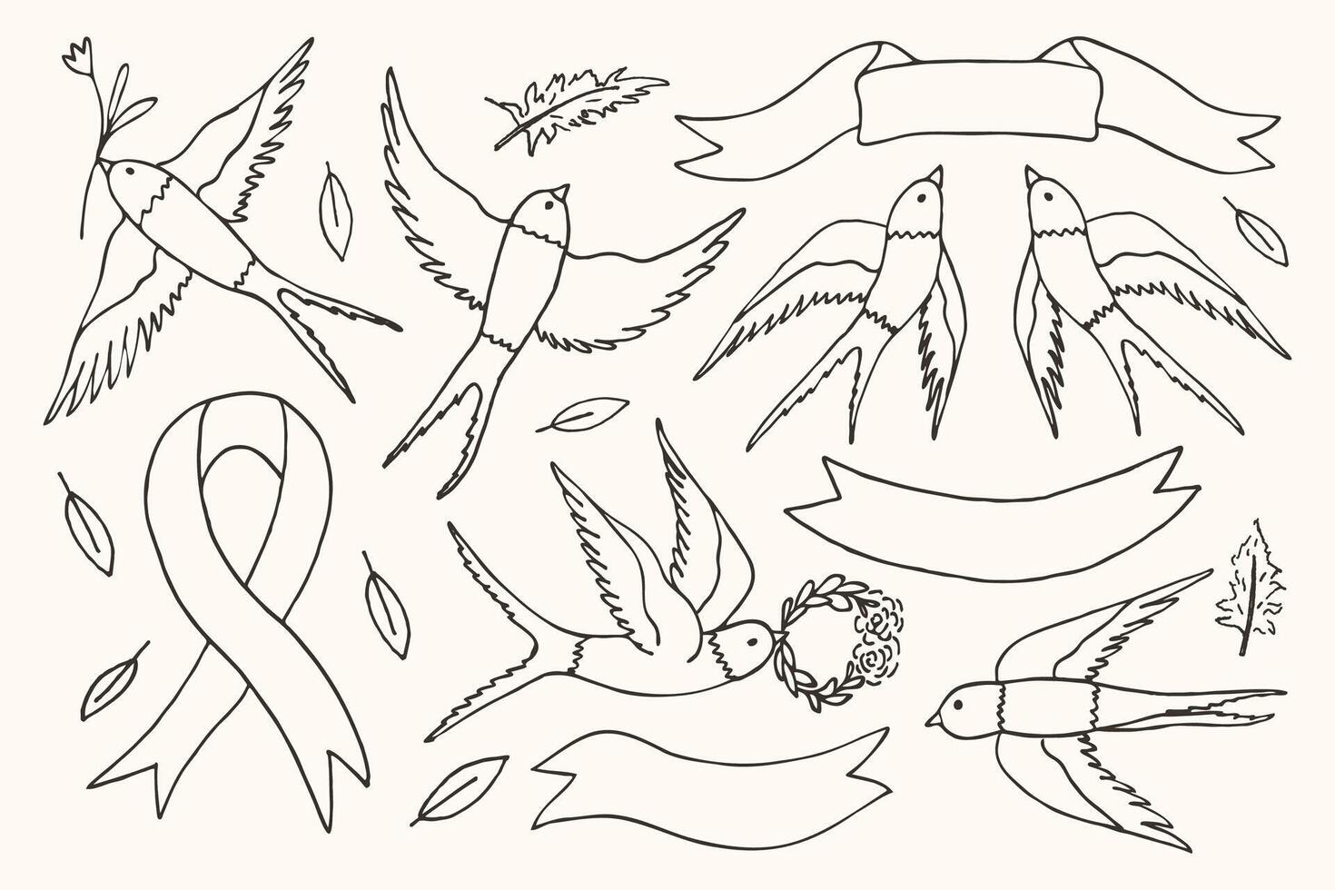 A set of flying swallows and doodle-style ribbons. A symbol of freedom, hope, renewal, awareness of breast cancer. Elements for the design of banners and flyers, vector