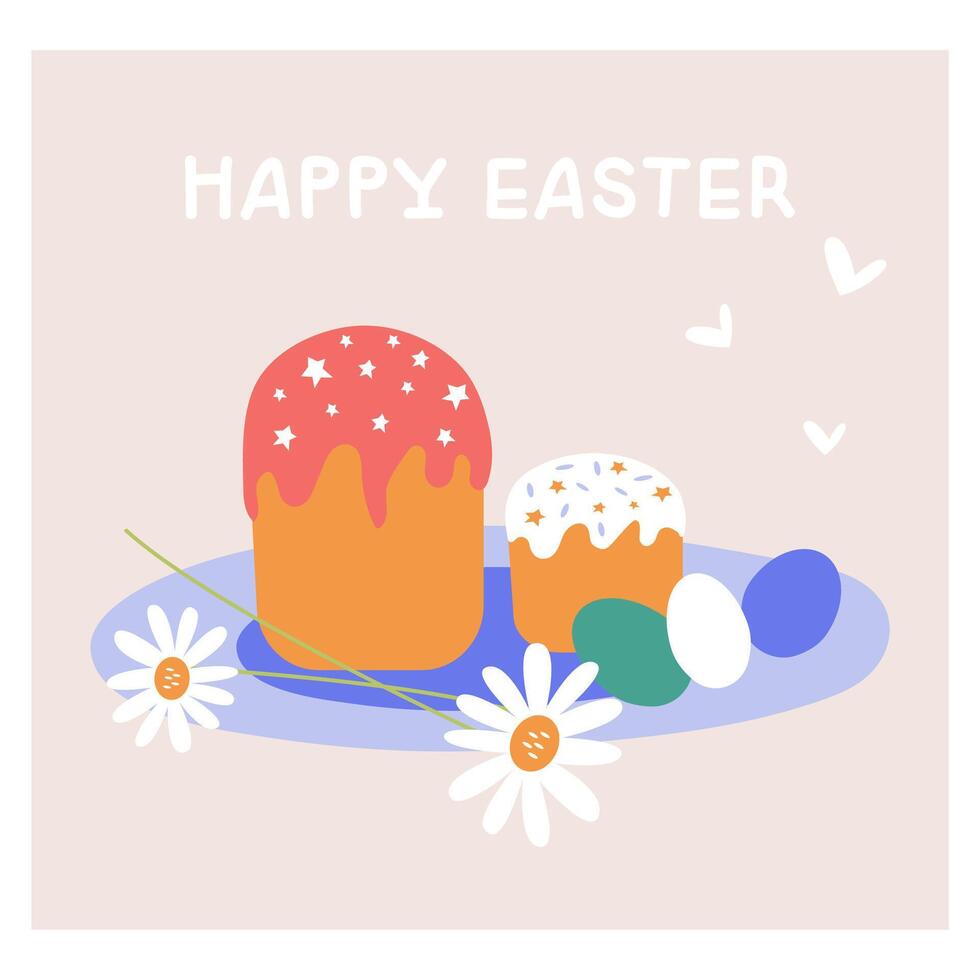 Easter illustration with a festive cake with icing, eggs and blooming daisies. A spring set of elements for the design of banners, postcards in honor of Easter celebrations. vector