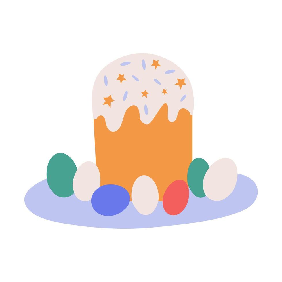 Easter holiday cake on a plate with colored eggs. illustration, a design element for celebrating Easter. vector