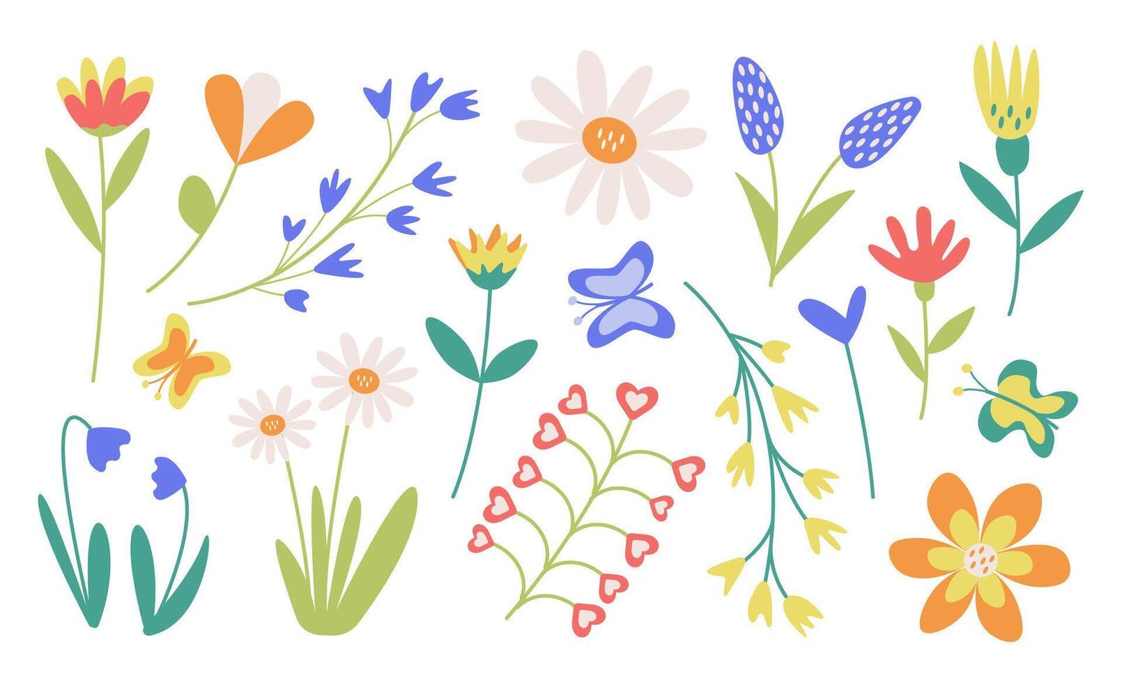 collection of spring flowers and butterflies. A set of festive flower arrangements, a clipart. Hand-drawn illustration of flowers for decoration, mother day, birthday, Easter, postcards. vector