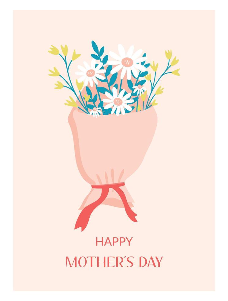 A card for Mothers Day. A hand-drawn bouquet of flowers in delicate pink packaging, a festive background for Mothers Day, with a place for the text, a template for postcards, invitations, banners. vector