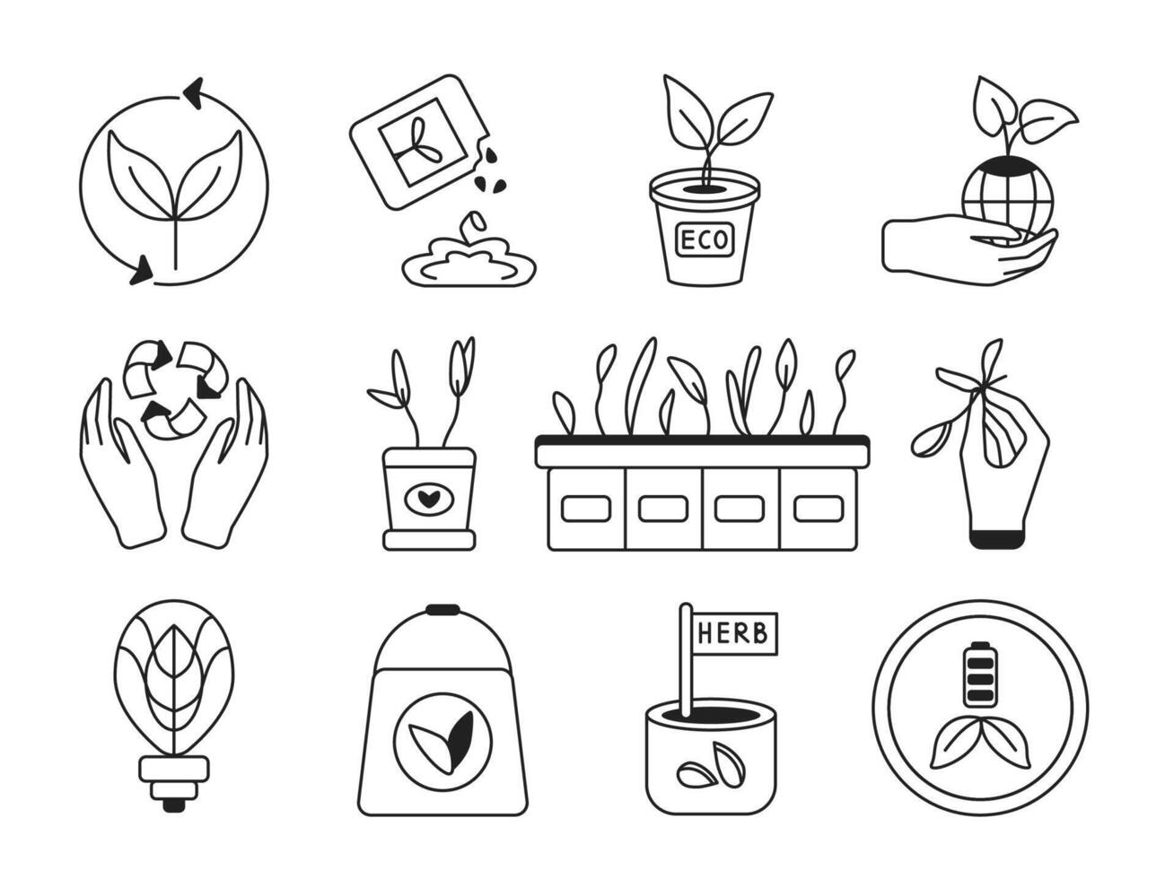 Growing plants, a set of linear icons. The includes plants, sprouts, ecological emblems, Green energy, planet Earth, Symbol of recycling, Seedlings. Biotechnologies, environmental protection. vector
