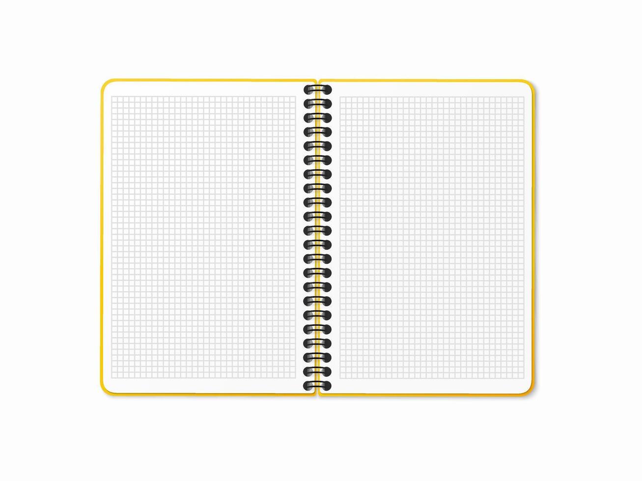 Yellow open notebook with vertical spiral. Blank sheets in a cage. Realistic 3D mock up. vector