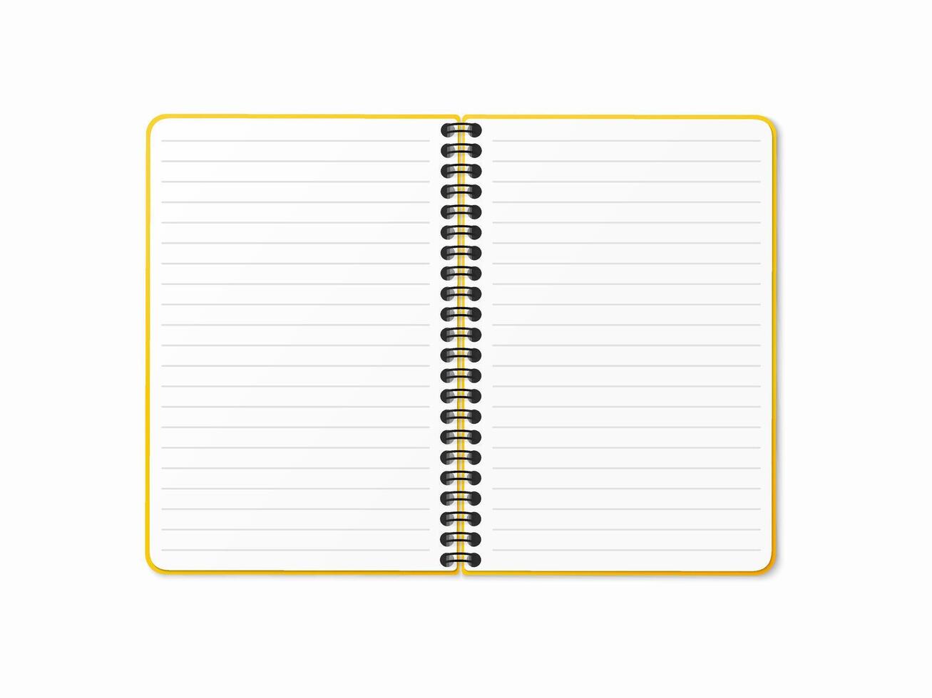 Yellow open notebook with vertical spiral. Blank sheets in a line. Realistic 3D mock up. vector