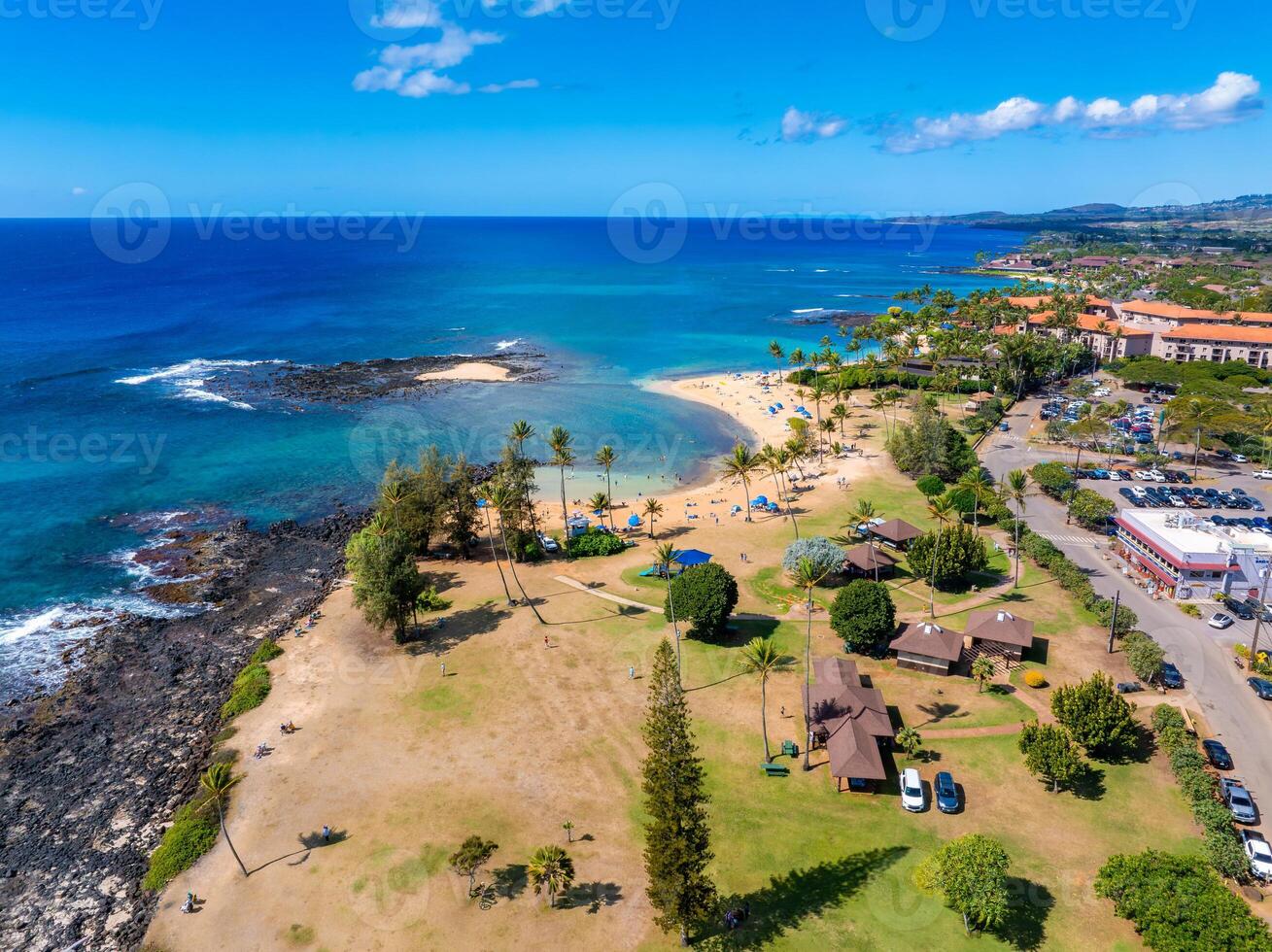 Aerial view of a Kauai beach in Hawaii featuring golden sand, turquoise waters, palm trees, umbrellas, a grassy park, and nearby buildings. photo