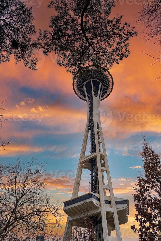 The Space Needle in Seattle, USA, stands against a vibrant sunset sky with orange, pink, and blue hues, framed by silhouetted tree branches. photo