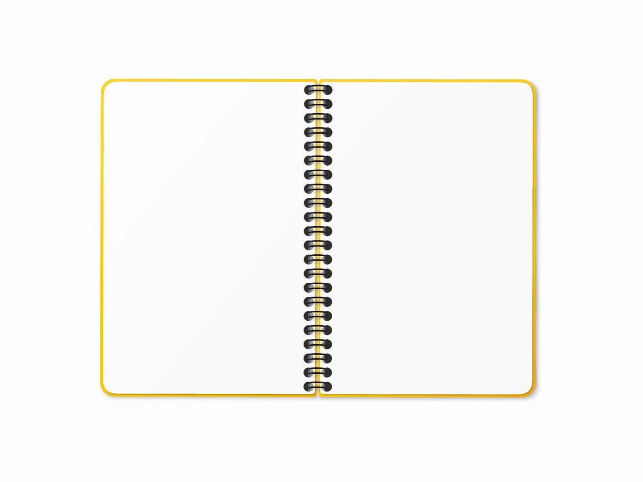 Yellow open notebook with vertical spiral. Empty blank sheets. Realistic 3D mock up. vector