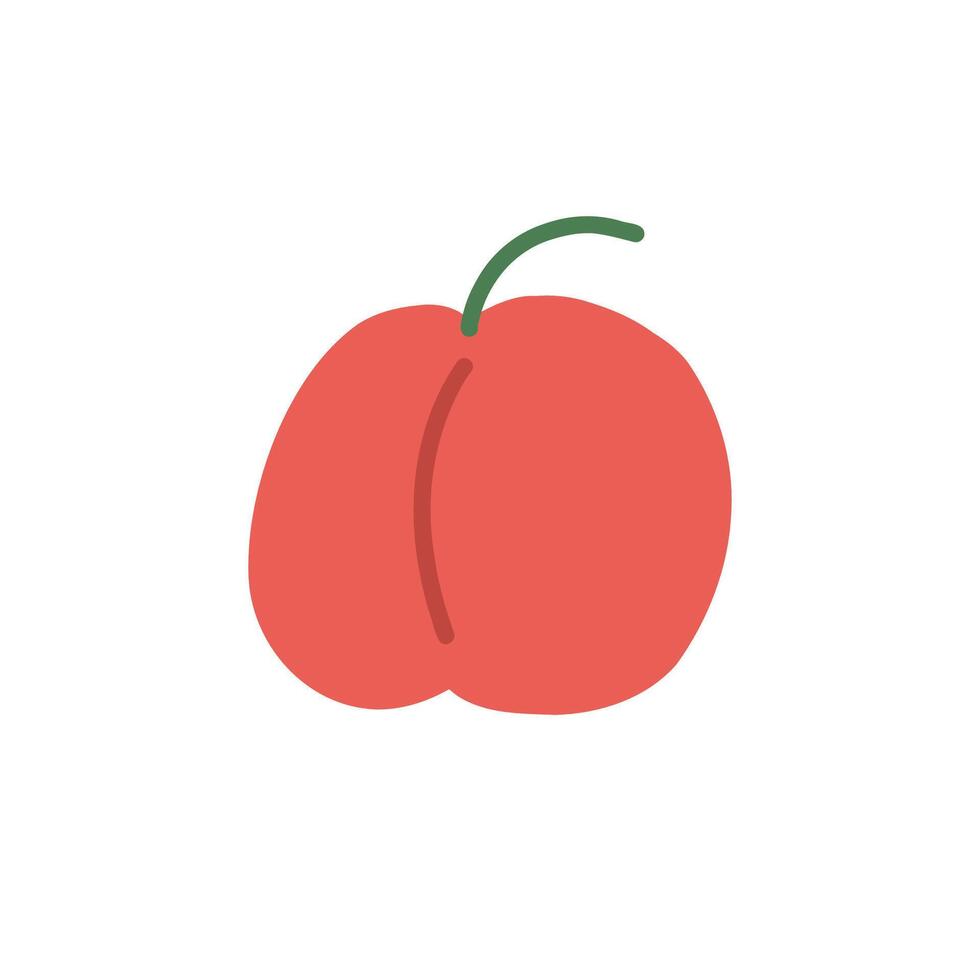 Cute red peach doodle style. Smile simple fruit for card, print, banner, poster, template. Cartoon funny character for children. Hand drawn illustration isolated on white background. vector