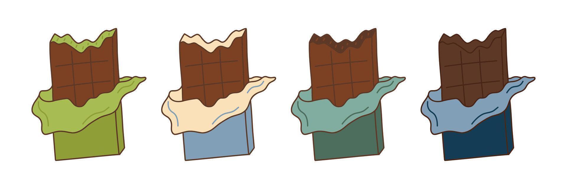 Chocolate bars doodle set. Milk, dark, dubai chocolate in blue, green packaging. Template for banner, packaging, postcard, website. Hand drawn illustration isolated on white background. vector
