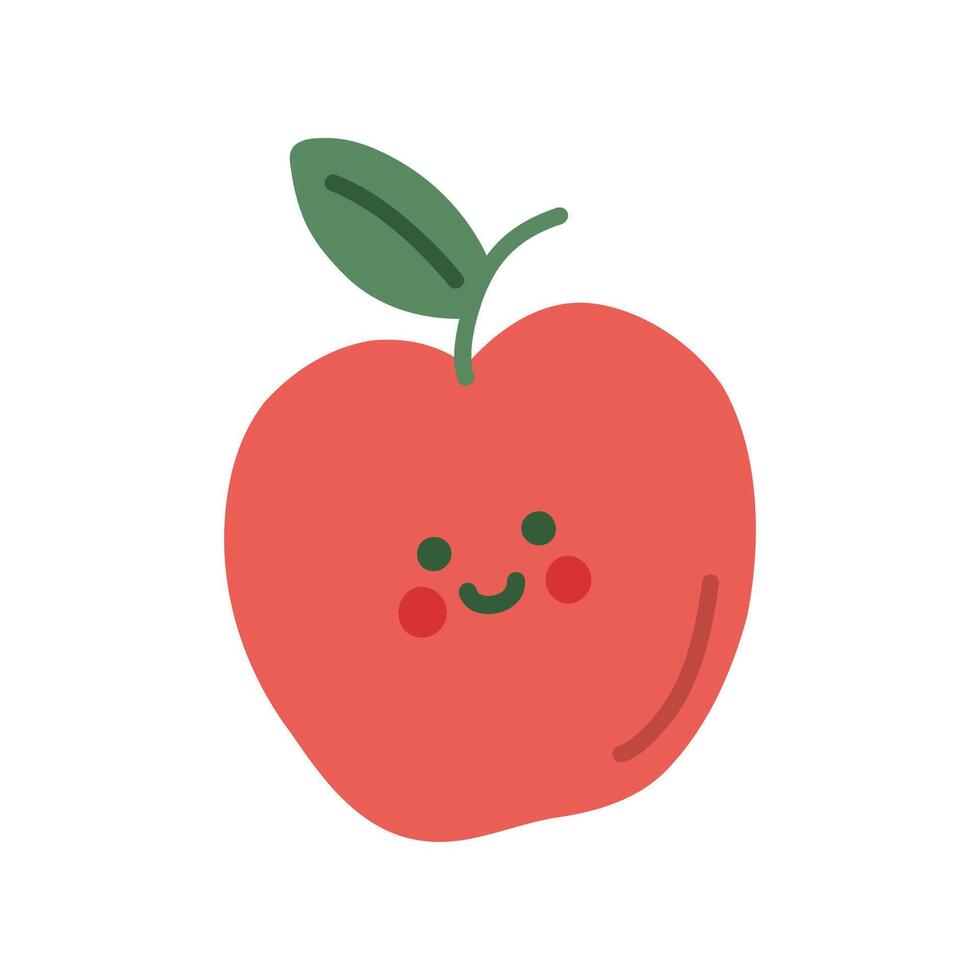 Cute red apple doodle style. Smile simple fruit for card, print, banner, poster, template. Cartoon funny character for children. Hand drawn illustration isolated on white background. vector