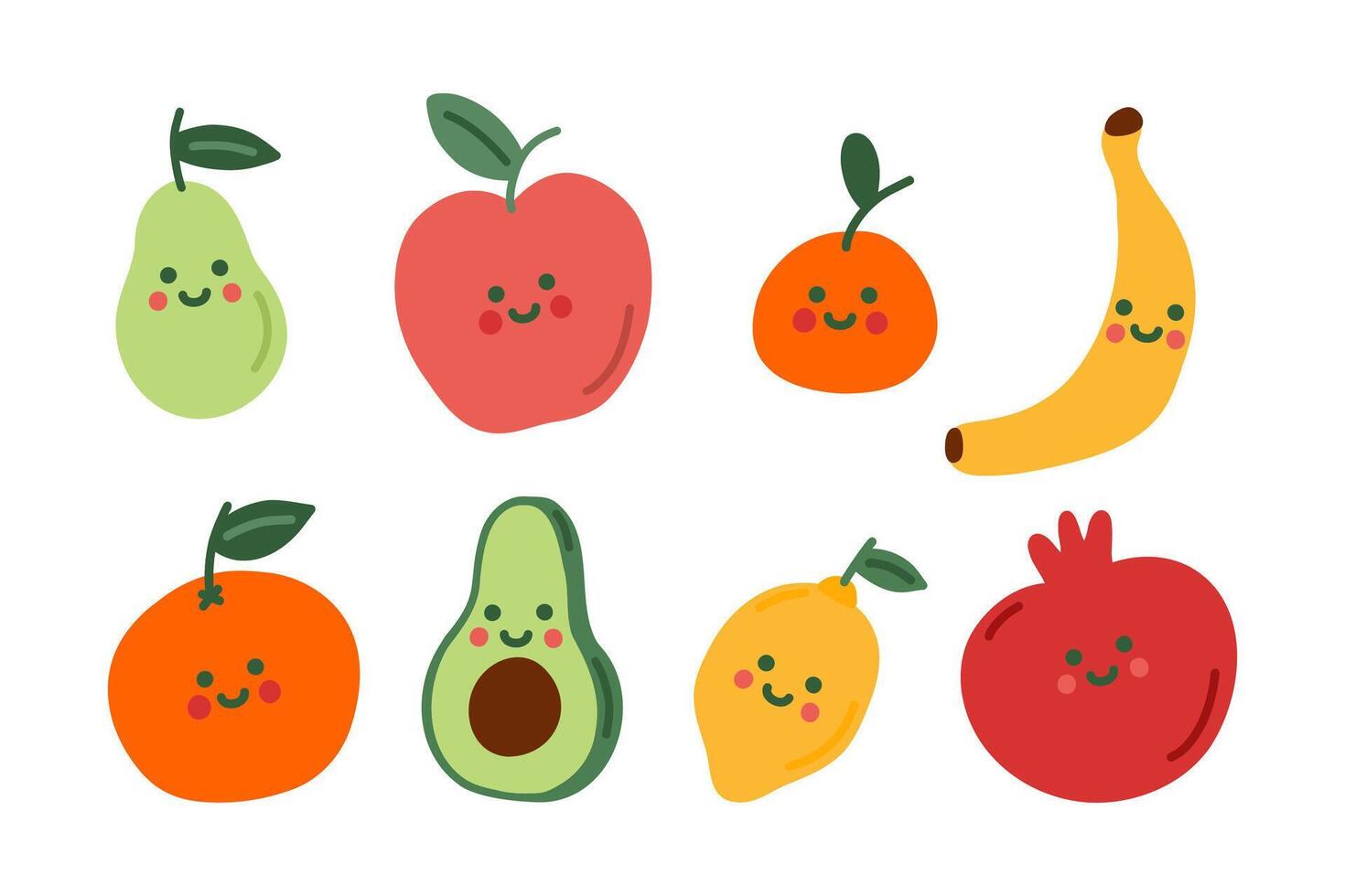 Cute fruit set doodle style. Smile simple apple, lemon, pomegranate, mandarin, orange, pear, avocado, banana. Cartoon characters for children. Hand drawn illustration isolated on white background. vector