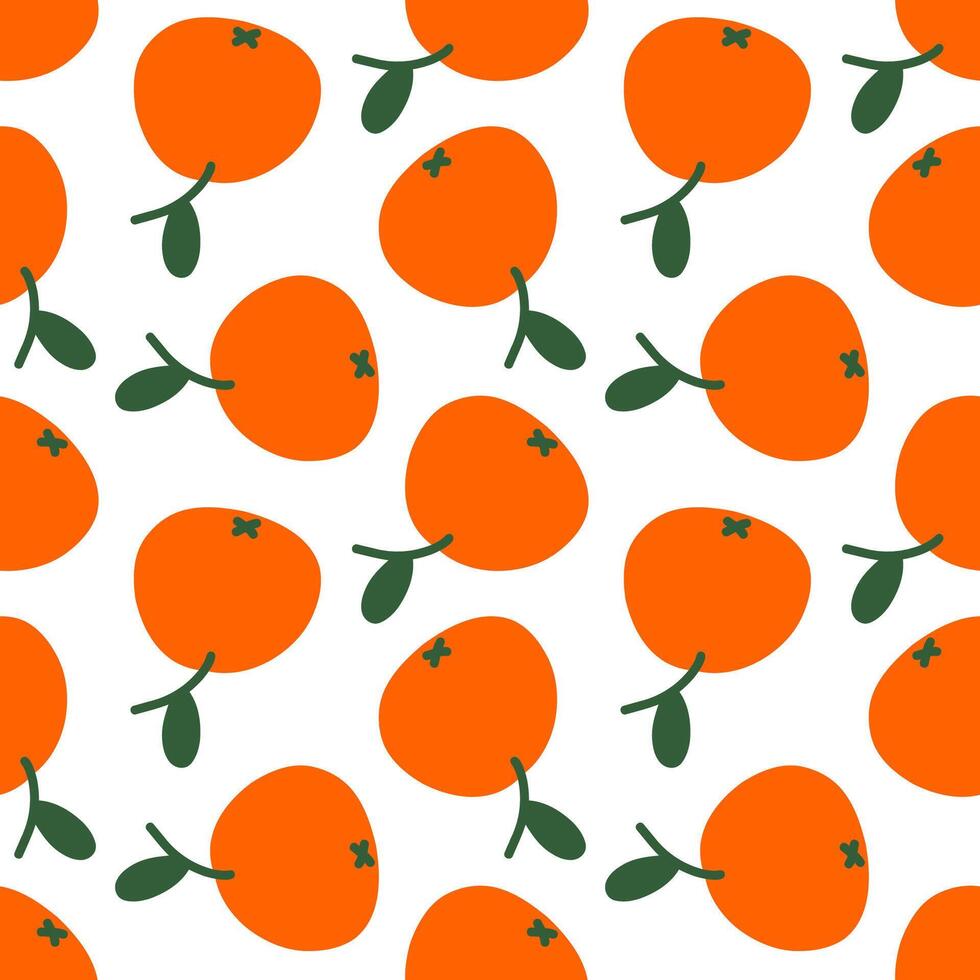 Cute orange mandarin seamless pattern. Template for packaging, postcard, textile printing, wallpaper. Childish minimal print. Cartoon background. Hand drawn doodle illustration isolated on white. vector