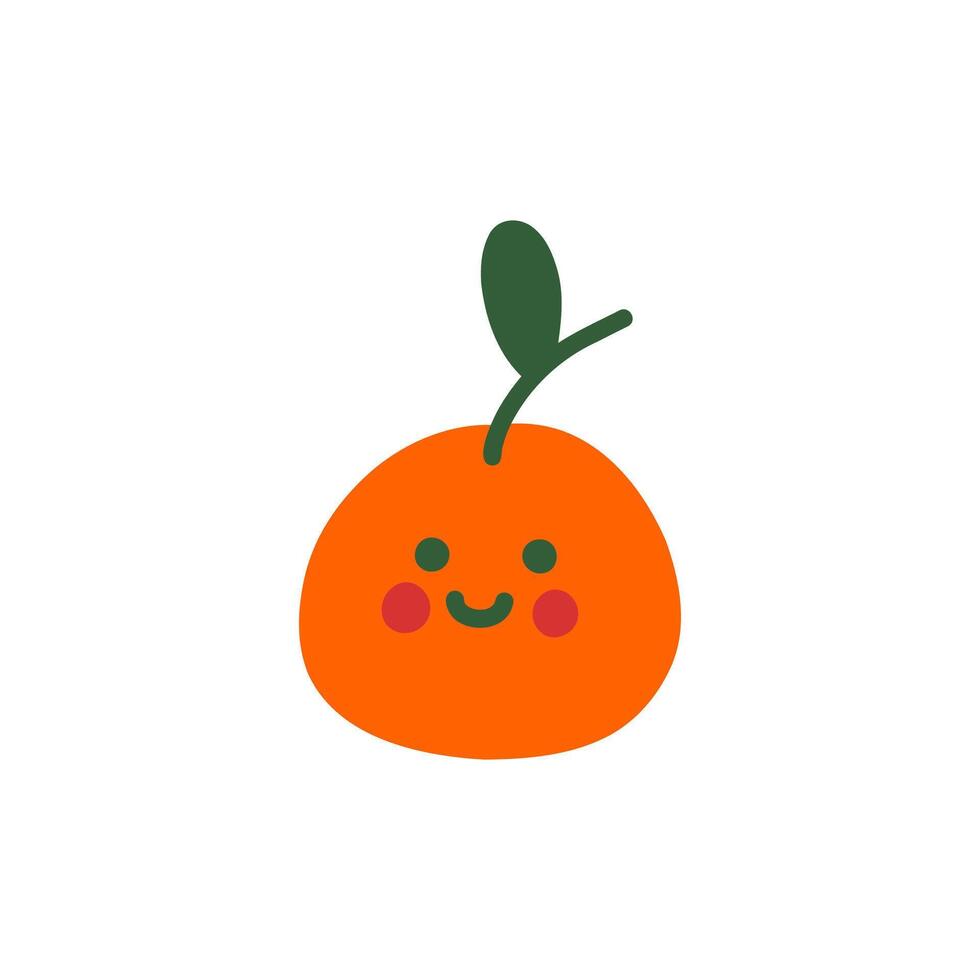 Cute orange mandarin doodle style. Smile simple tangerine fruit for card, print, banner, poster, template. Cartoon funny character for children. Hand drawn illustration isolated on white background. vector