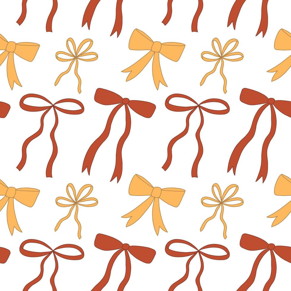 Bows doodle seamless pattern. Nice cute red and yellow thin ribbons. Template for packaging, postcards, textile printing, wallpaper. Hand drawn illustration isolated on white background. vector