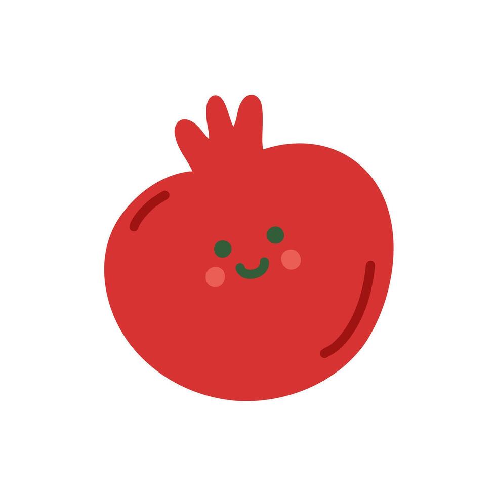 Cute red pomegranate doodle style. Smile simple fruit for card, print, banner, poster, template. Cartoon funny character for children. Hand drawn illustration isolated on white background. vector