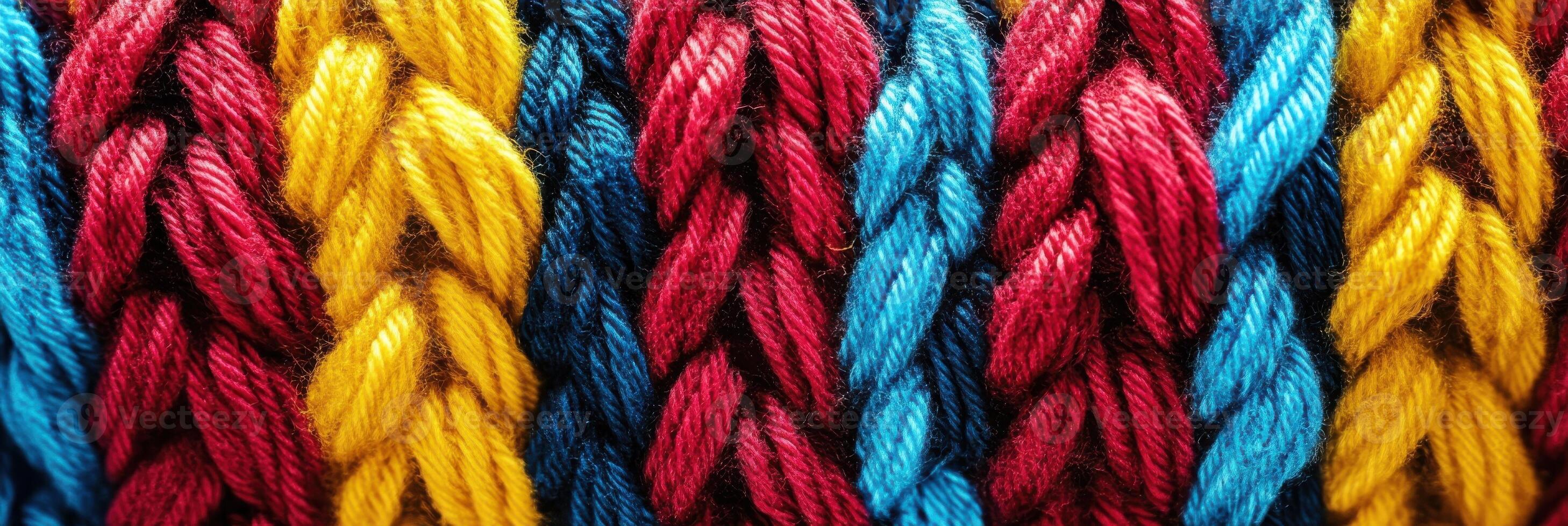 Colorful braided yarn pattern with red, blue, and yellow strands photo