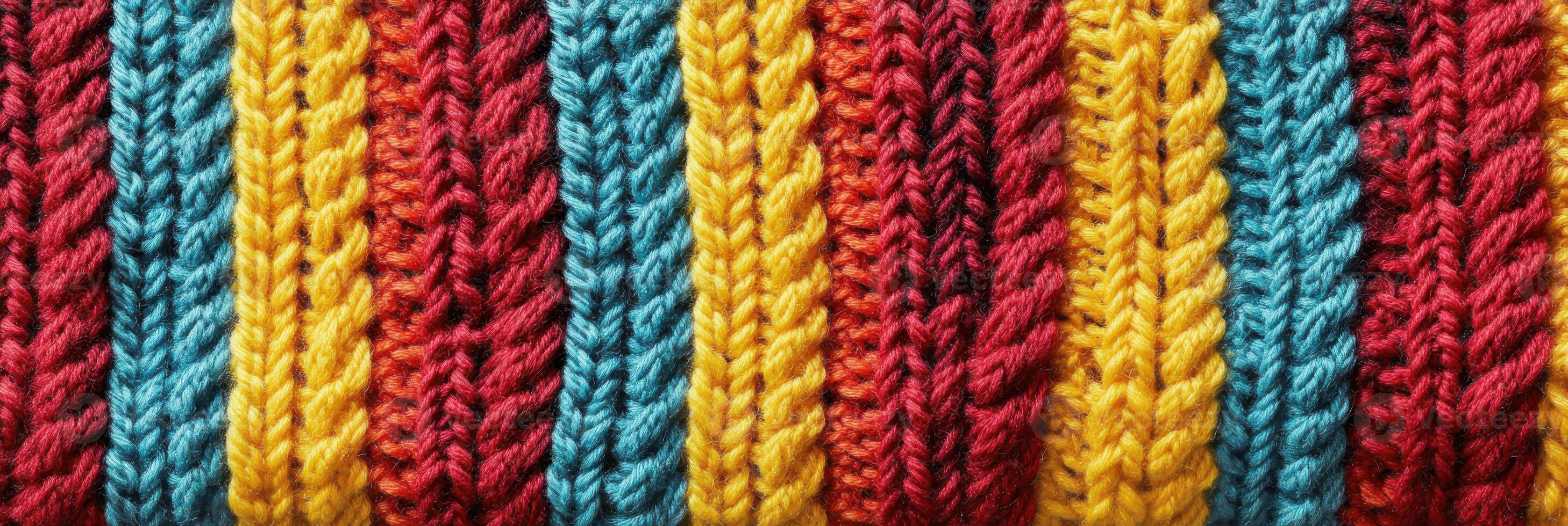 Multicolored knitted pattern with rows of vibrant yarn texture design photo
