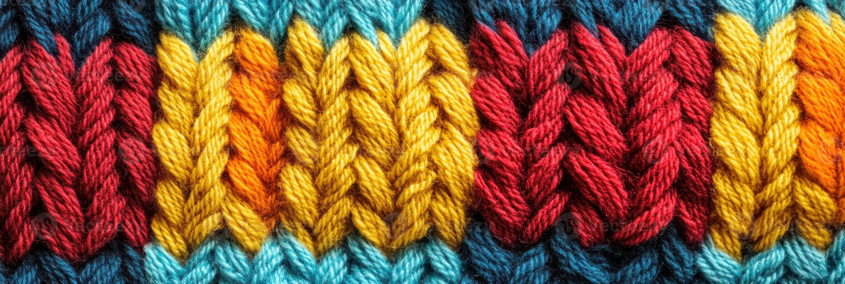 Close-up view of colorful knitting pattern with varied yarn colors photo