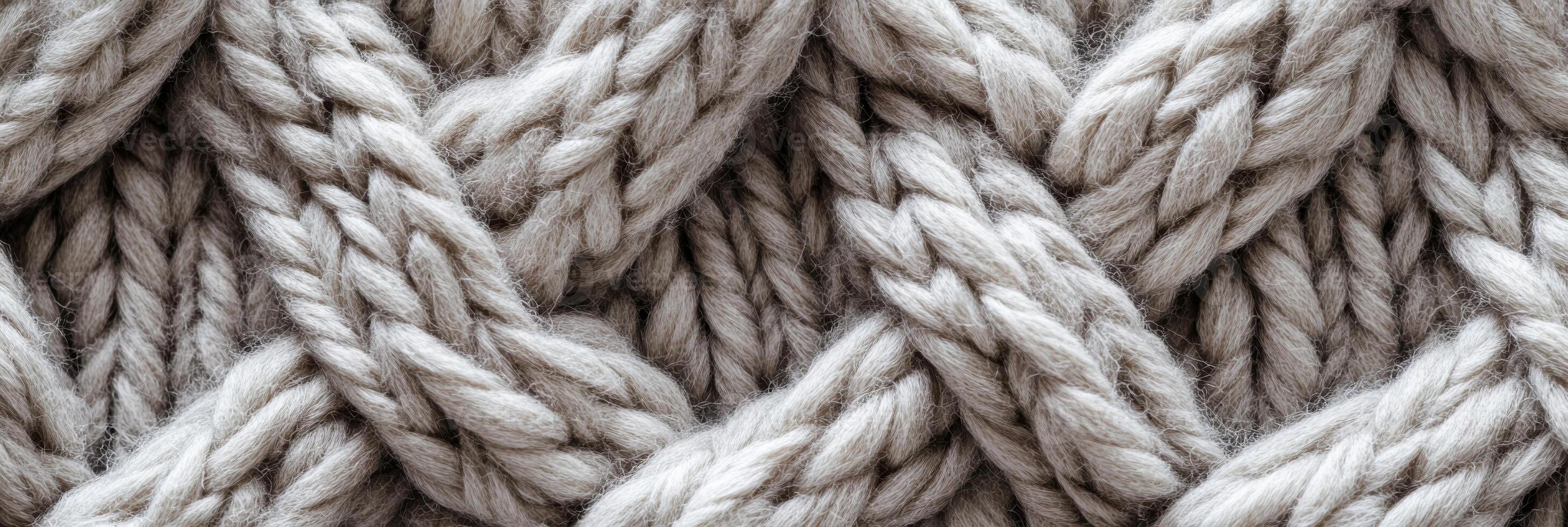Close-up of knitted wool texture with interlocking cable patterns photo