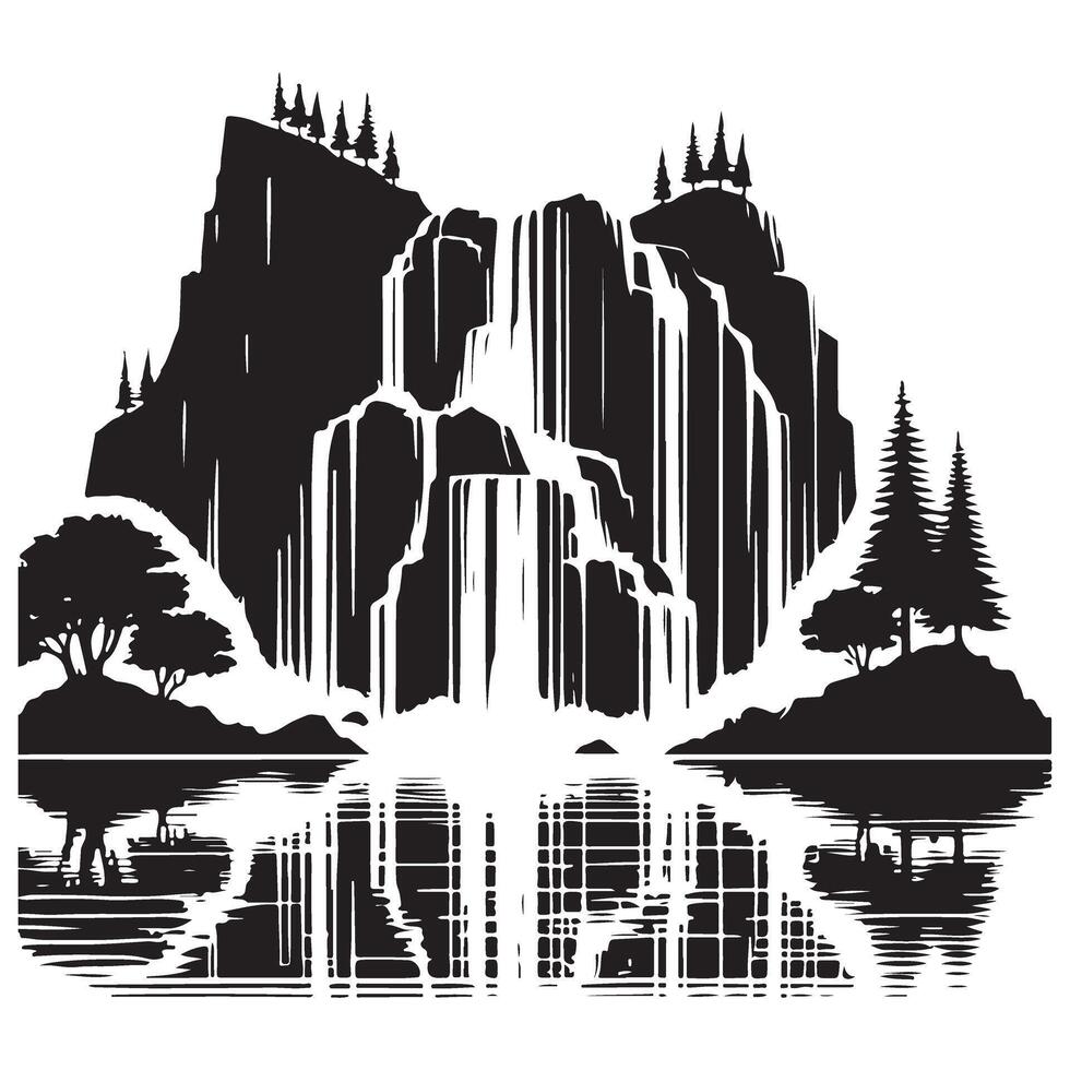 Waterfall with Trees Silhouette Graphic Nature Scene Backdrop vector