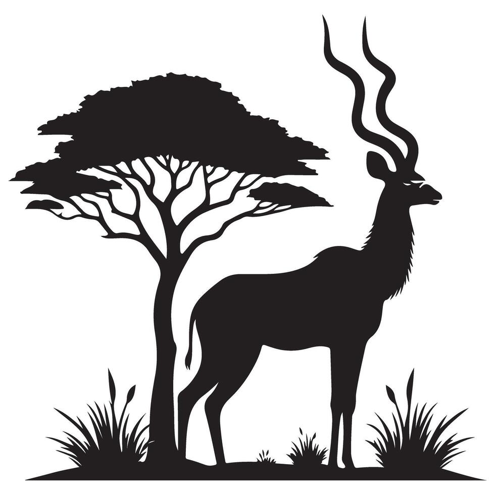 Kudu Antelope Silhouette by Tree African Wildlife Illustration vector
