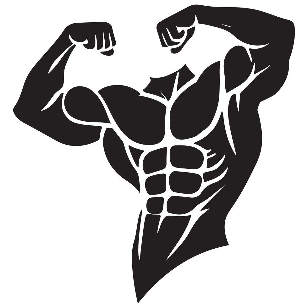 Silhouette Bodybuilder with Abs Posing Muscular Body Design Art vector