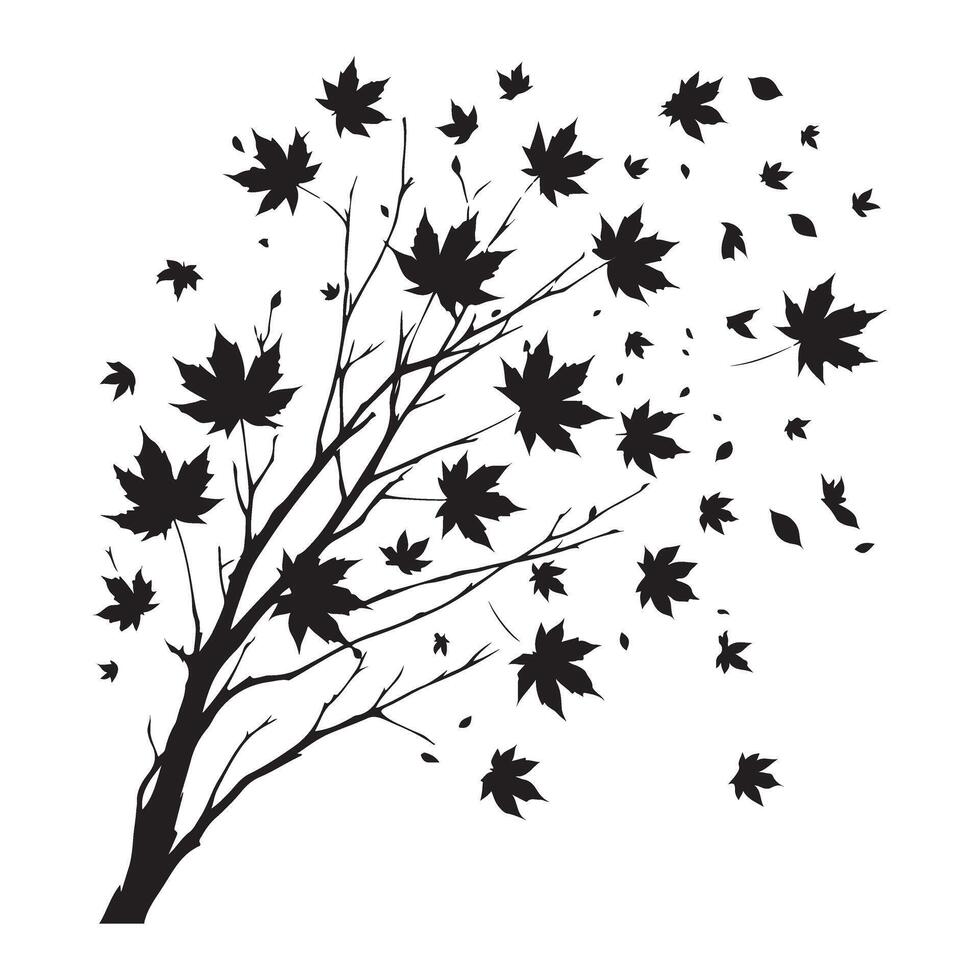 Maple Tree Silhouette Illustration with Falling Leaves for Autumn Season vector