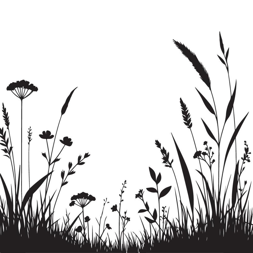 Wild Grass and Flowers Silhouette Illustration for Nature Designs vector